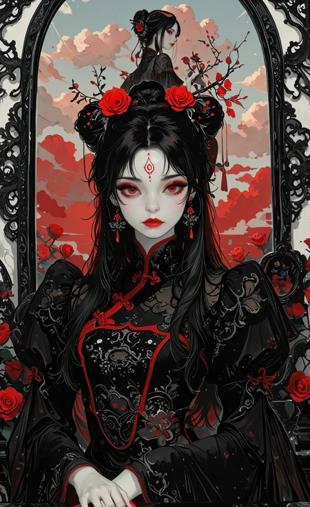 1girl, solo, long hair, looking at viewer, black hair, long sleeves, hair ornament, dress, jewelry, upper body, flower, earrings, sky, puffy sleeves, cloud, hair flower, wide sleeves, hair bun, black dress, makeup, rose, chinese clothes, facial mark, red flower, juliet sleeves, lipstick, pale skin, red nails, eyeshadow, red rose, mirror, forehead mark, red lips, red eyeshadow