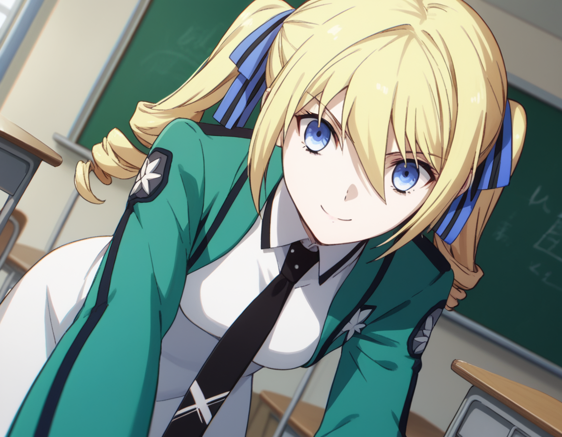 score_9, score_8_up, score_7_up, source_anime,
angelinakudoushields, <lora:angelina-kudou-shields-s2-ponyxl-lora-nochekaiser:1>,
angelina kudou shields, blue eyes, blonde hair, ribbon, hair between eyes, twintails, hair ribbon, drill hair, blue ribbon, twin drills,
long sleeves, dress, school uniform, pantyhose, necktie, white dress, black necktie,
indoors, classroom, bent over, smile,
solo, dutch angle, looking at viewer, cowboy shot,