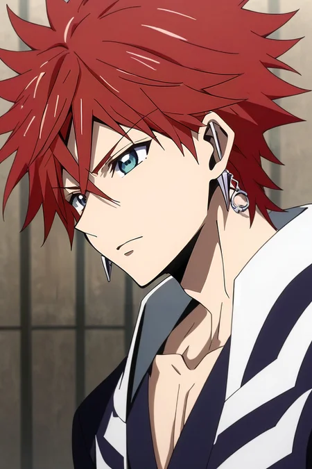 score_9, score_8_up, score_7_up, source_anime, rating_safe, intricate details, , , , 1boy, solo, male focus, <lora:musashi_orient_pony:0.9>, musashi_orient, red hair, blue eyes, short hair, spiked hair, hair between eyes, earrings, jewelry, , , <lora:sdxl_lightning_8step_lora:1>