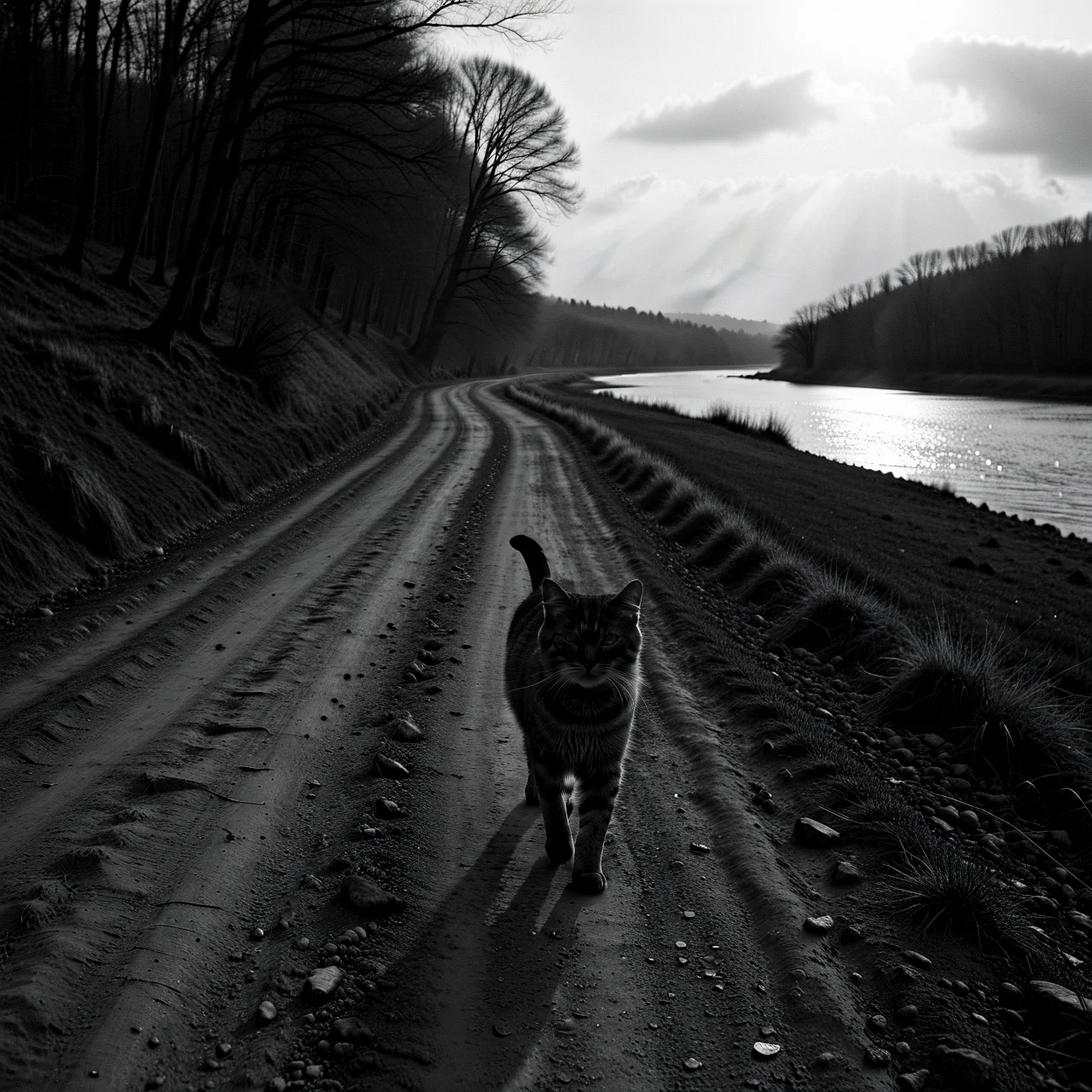Moody monochrome photo.
The old cat, moving slowly along the dirt path by the river.
<lora:MoodyMono01_CE_XL_200-OT:0.4> mdymnoCE_style