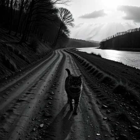 Moody monochrome photo.

The old cat, moving slowly along the dirt path by the river.

<lora:MoodyMono01_CE_XL_200-OT:0.4> mdymnoCE_style