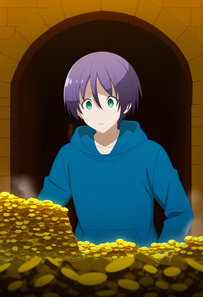 masterpiece, best quality, , anime screencap, anime coloring, official style,, 1boy, solo, male focus, <lora:nasa_yuzaki_ilxl:0.9>, nasa_yuzaki, purple hair, green eyes, short hair, hair between eyes, blue hoodie, dragon roost, sleeping dragons, treasure pile, steam vents, sneaking pose, cautious expression, dim lighting,