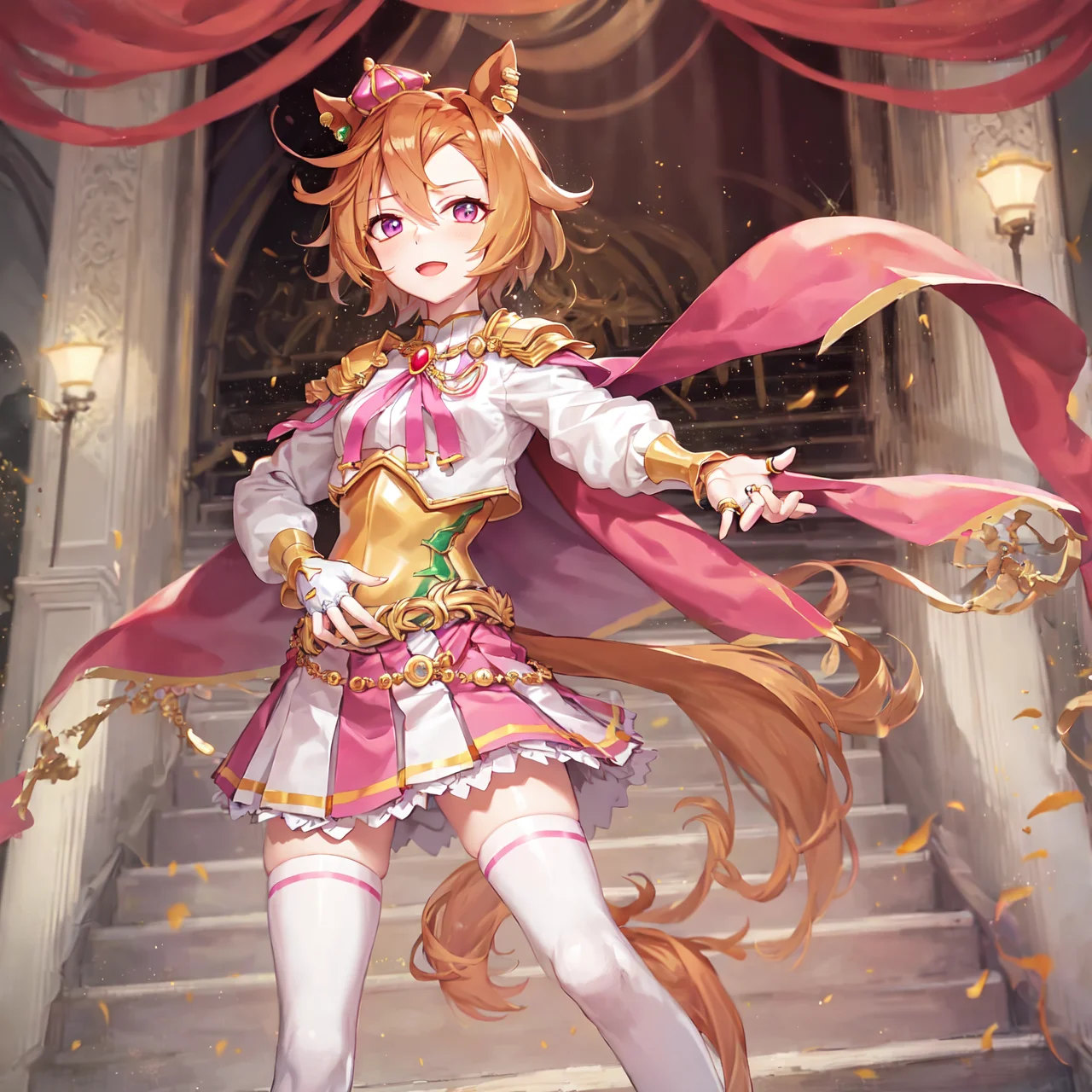 masterpiece, best quality,
t.m. opera o \(umamusume\),
ballroom, stage curtains, stage lights, from below,
full body, standing, reaching, outstretched arm, hand on own chest, open mouth,
mini crown, ear piercing, white shirt, shoulder armor, pink cape, puffy sleeves, long sleeves, jewelry, fingerless gloves, single glove, white gloves, multiple rings, corset, white skirt, pink skirt, two-tone skirt, pleated skirt, white thighhighs, zettai ryouiki, high heel boots, yellow footwear
<lora:t.m._opera_o_loha:0.7>