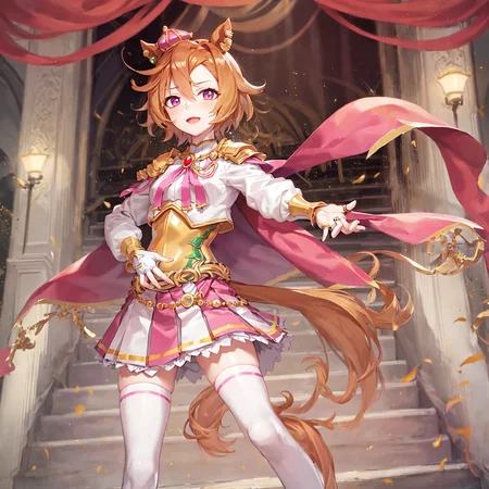 masterpiece, best quality,
t.m. opera o \(umamusume\),
ballroom, stage curtains, stage lights, from below,
full body, standing, reaching, outstretched arm, hand on own chest, open mouth,
mini crown, ear piercing, white shirt, shoulder armor, pink cape, puffy sleeves, long sleeves, jewelry, fingerless gloves, single glove, white gloves, multiple rings, corset, white skirt, pink skirt, two-tone skirt, pleated skirt, white thighhighs, zettai ryouiki, high heel boots, yellow footwear
<lora:t.m._opera_o_loha:0.7>