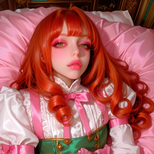 photograph, anime-style, close-up, beautiful young woman, long wavy red hair, green eyes, pale skin, wearing a Victorian-style outfit, green corset with gold accents, white lace collar, pink ribbon, detailed, intricate design, lying on a bed, pink satin sheets, white pillows, ornate wooden headboard, soft lighting, glossy lips, pink eyeshadow, long lashes, delicate features, serene expression, fantasy setting, high detail, vivid colors, fantasy art, digital painting, realistic textures, soft focus, ethereal atmosphere, elegant, dreamy, romantic, detailed background, rich colors, fantasy character, anime-inspired, seductive, alluring, fantasy fashion, high-quality artwork, intricate costume design, soft lighting, dreamy ambiance, fantasy theme, high detail, anime style, beautiful woman, captivating, fantasy setting, detailed, high-quality art, vivid colors, fantasy character, intricate costume, soft lighting, dreamy atmosphere, fantasy theme, detailed, high-quality, fantasy art, vivid colors, fantasy character, intricate costume, soft lighting, dreamy atmosphere, fantasy theme, detailed, high-quality,