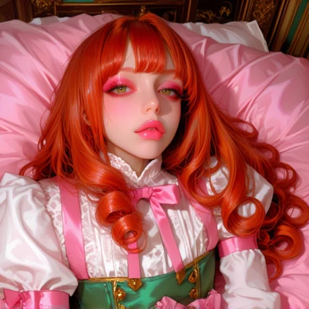 photograph, anime-style, close-up, beautiful young woman, long wavy red hair, green eyes, pale skin, wearing a Victorian-style outfit, green corset with gold accents, white lace collar, pink ribbon, detailed, intricate design, lying on a bed, pink satin sheets, white pillows, ornate wooden headboard, soft lighting, glossy lips, pink eyeshadow, long lashes, delicate features, serene expression, fantasy setting, high detail, vivid colors, fantasy art, digital painting, realistic textures, soft focus, ethereal atmosphere, elegant, dreamy, romantic, detailed background, rich colors, fantasy character, anime-inspired, seductive, alluring, fantasy fashion, high-quality artwork, intricate costume design, soft lighting, dreamy ambiance, fantasy theme, high detail, anime style, beautiful woman, captivating, fantasy setting, detailed, high-quality art, vivid colors, fantasy character, intricate costume, soft lighting, dreamy atmosphere, fantasy theme, detailed, high-quality, fantasy art, vivid colors, fantasy character, intricate costume, soft lighting, dreamy atmosphere, fantasy theme, detailed, high-quality,