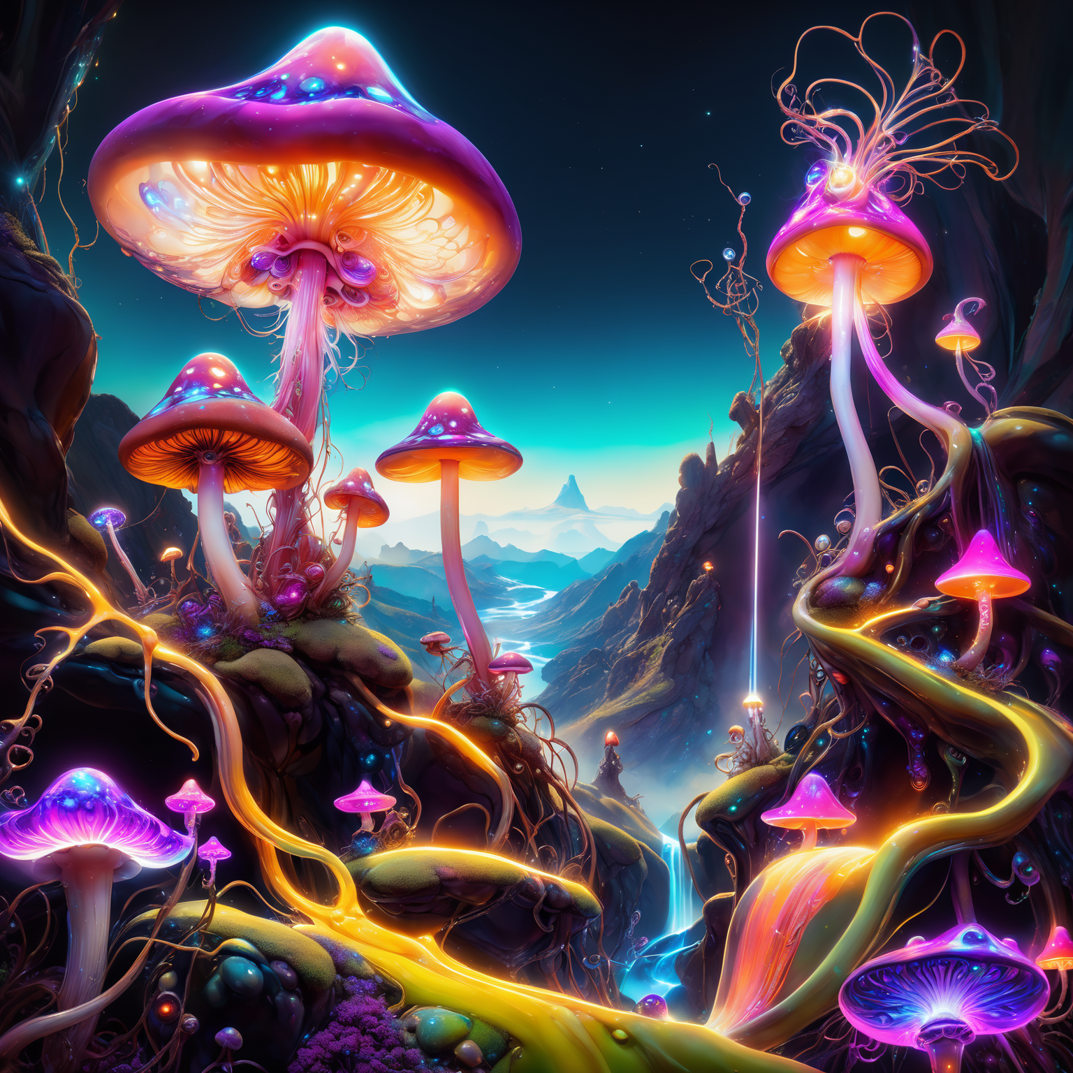 <lora:aiai-DiscoLucid-XL1-v1-captions:0.75> aiai-DiscoLucid style fantasy landscape with psychedelic mushrooms and pink mist and bong smoke, purple haze, eyeball plants, in the style of rodney matthews, 70s fantasy poster, bioluminescent fungal flora betwen winding canyon, exaggerated colorful art, highly detailed, 8K vibrant colors, high contrast, vivid lighting, hyperrealism, masterpiece, best quality