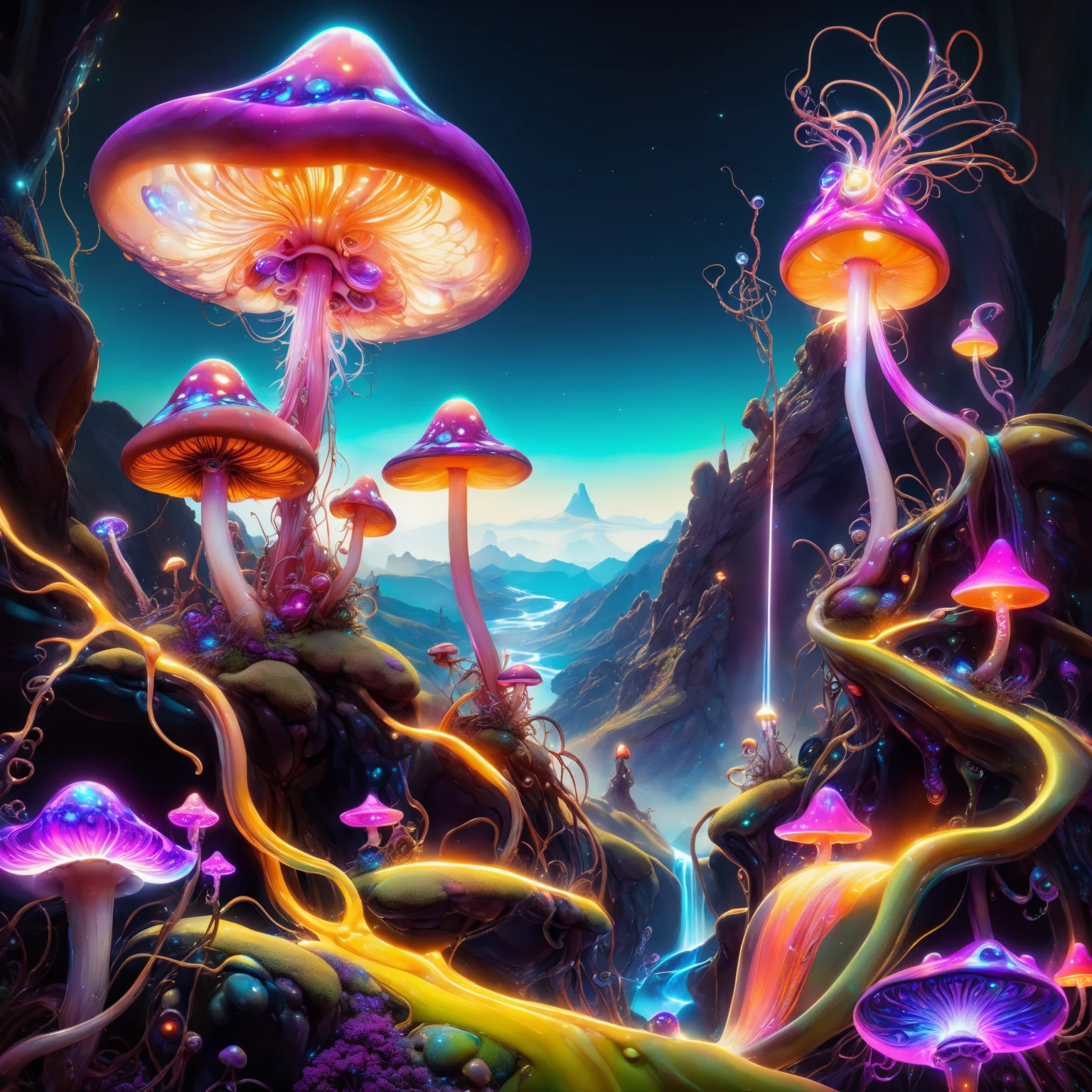 <lora:aiai-DiscoLucid-XL1-v1-captions:0.75> aiai-DiscoLucid style fantasy landscape with psychedelic mushrooms and pink mist and bong smoke, purple haze, eyeball plants, in the style of rodney matthews, 70s fantasy poster, bioluminescent fungal flora betwen winding canyon, exaggerated colorful art, highly detailed, 8K vibrant colors, high contrast, vivid lighting, hyperrealism, masterpiece, best quality