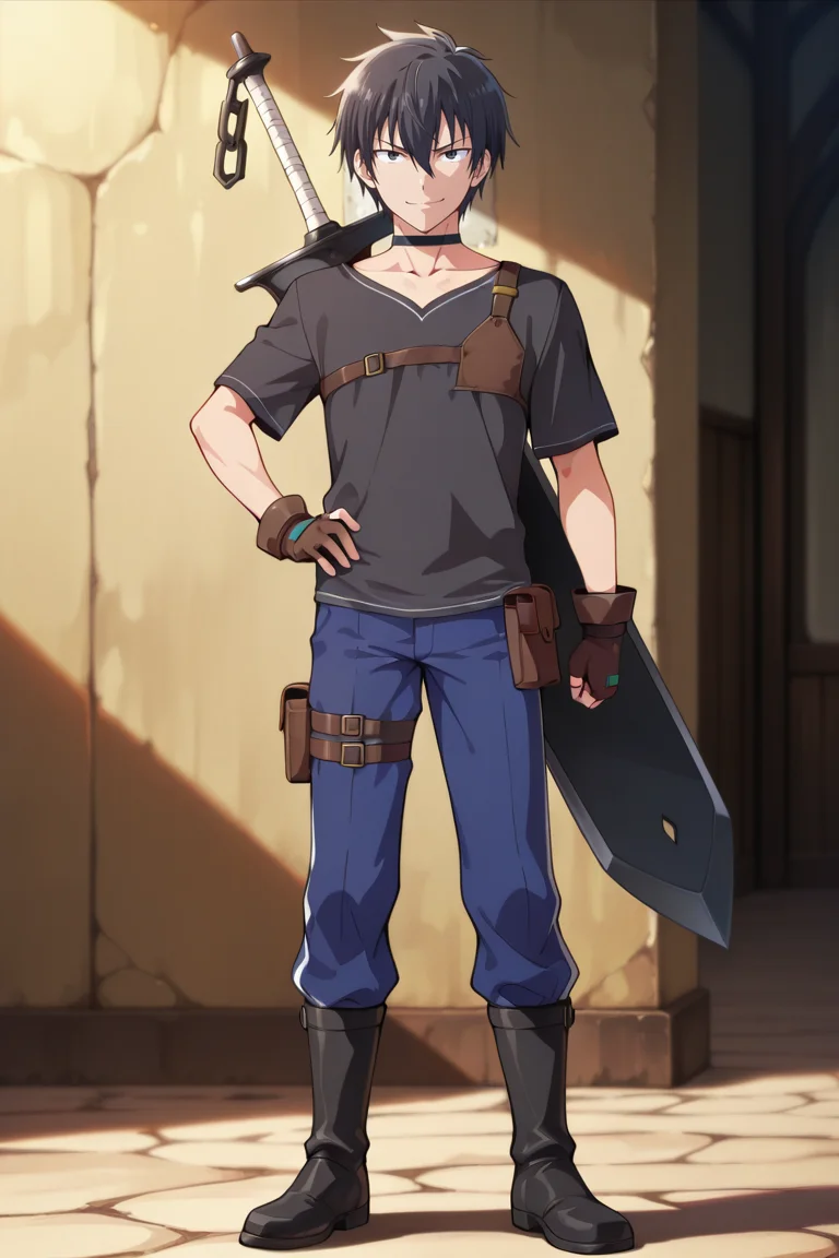 masterpiece, best quality, amazing quality,high resolution,intricate details,official style,depth of field,anime screencap  , , , 1boy, solo, male focus, <lora:Setsu_Suzaki:0.84>,setsu suzaki,black hair,black eyes,short hair,looking at viewer, smile, shirt, gloves,  hair between eyes, closed mouth, smirk,standing, collarbone, full body, weapon, short sleeves, boots, choker, pants,sword,claymore,accessory, fingerless gloves, black footwear,weapon on back, black shirt, hand on own hip, thigh strap, black choker, brown gloves, pouch, blue pants