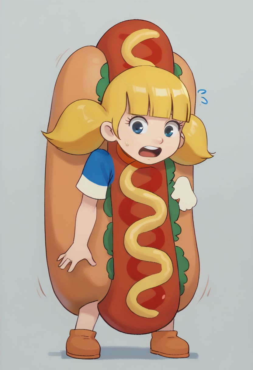 score_7_up, BREAK, penny \(inspector gadget\), 1girl, solo,blonde hair, twintails, blunt bangs, blue eyes, hot dog costume, open mouth, full body, sweatdrop, sigh