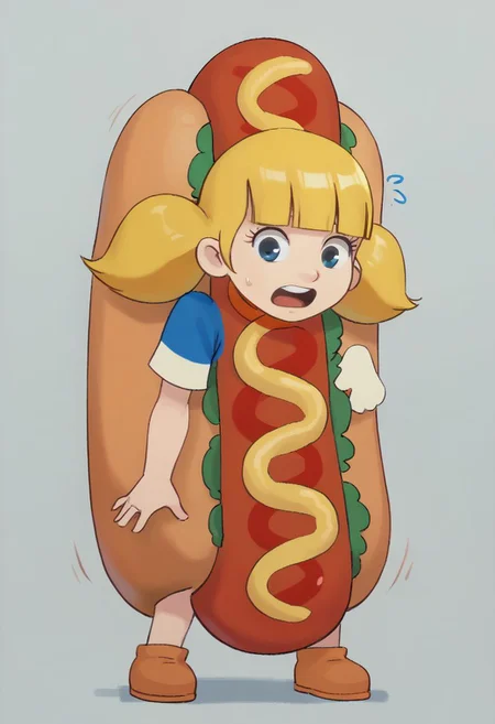 score_7_up, BREAK, penny \(inspector gadget\), 1girl, solo,blonde hair, twintails, blunt bangs, blue eyes, hot dog costume, open mouth, full body, sweatdrop, sigh