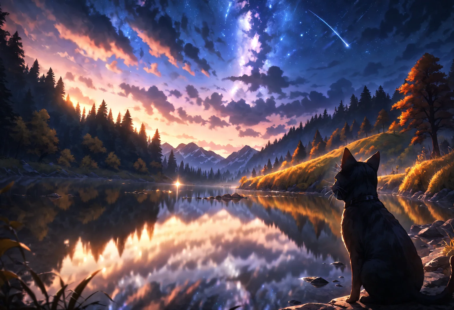 masterpiece,very aesthetic,best quality,absurdres,shooting star,beautiful view,brilliant clouds,reflective water,the surface of the lake under the stars,the back of a black cat,(horror hides beneath the beautiful landscape:1.2),(mysterious and eerie atmosphere:1.2),detailed background,perfect composition,ultra-detailed,intricate details,Cinematic Lighting,wallpaper,colorful,moody lighting,fantasy,starry_background,depth of field,lens_flare,no humans,<lora:LimbusCompanyStyle_AnimagineXL:1>,<lora:RMSDXL_Enhanceæå¾:5>,