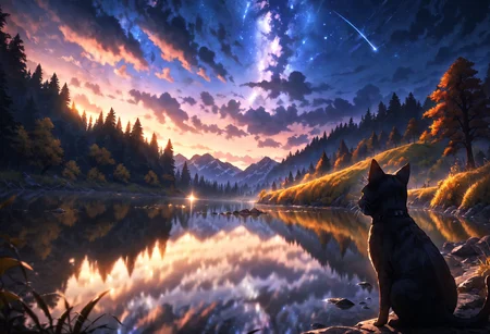 masterpiece,very aesthetic,best quality,absurdres,shooting star,beautiful view,brilliant clouds,reflective water,the surface of the lake under the stars,the back of a black cat,(horror hides beneath the beautiful landscape:1.2),(mysterious and eerie atmosphere:1.2),detailed background,perfect composition,ultra-detailed,intricate details,Cinematic Lighting,wallpaper,colorful,moody lighting,fantasy,starry_background,depth of field,lens_flare,no humans,<lora:LimbusCompanyStyle_AnimagineXL:1>,<lora:RMSDXL_Enhanceæå¾:5>,