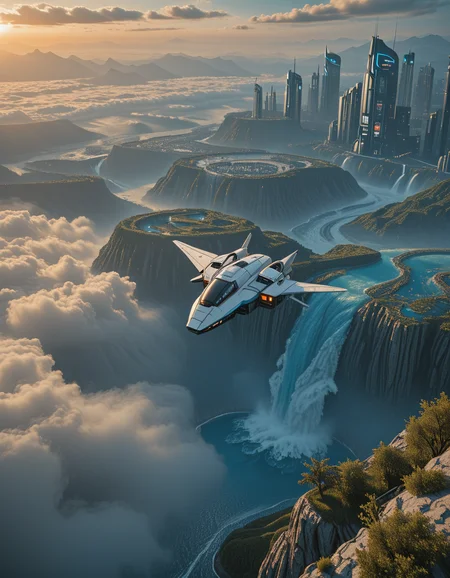 <lora:City_Worlds_01_Effects_illc:1> photo, citybkg, cyberpunk, ambiance, day, clouds, in a vast valley, tiny spaceships in the sky, detailed, tiny elevated highways, tiny design buildings, futuristic, far above view, high buildings, illuminated, city lights, city in the clouds, lots of clouds, haze in the background, epic scale, phot22, blue, T1, white, dark blueblue, T1, white, dark blue, T10, landscape, mountains, waves, rocks, tree, vegetation, moss, rough sea, waterfall, ruins, sunset, blue, orange, yellow, brown,