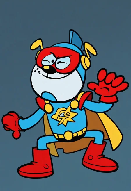 (score_9 | score_8_up | score_7_up) ((masterpiece:1))(best quality,very high quality,ultra detailed:1.2) (2D,cartoon style,anime style)(Smooth:2)(clean blurring) (four fingers on each hand,one thumb on each hand:1), solo, charles, dog, paws, all fours, black spot on left eye, white, happy, red blue and yellow super hero costume, blue super hero costume, super hero, red goggles, two side winged headpiece, yellow cape, thick red boots, red glove, 'A' Logo in the middle,