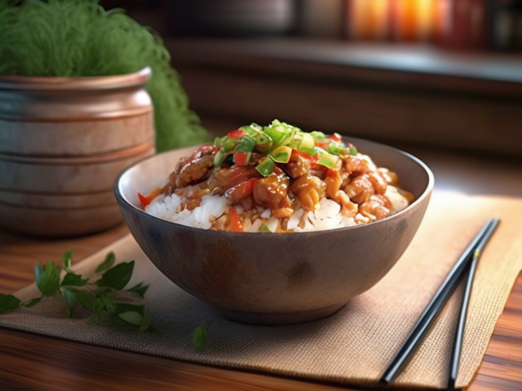 A high-resolution, hyper-realistic image of a bowl of delicious Robabon Rice, a popular dish in Asian cuisine. The rice is cooked to perfection, with each grain separate and fluffy. It's topped with a variety of colorful vegetables and meat, creating a vibrant and appetizing display. The bowl is placed on a rustic wooden table, with a pair of chopsticks resting on the side. The scene is set in a homey kitchen environment, with all elements in sharp focus, creating a clear and detailed image. The lighting should be natural and soft, highlighting the appetizing qualities of the Robabon Rice and the cozy atmosphere of the setting, <lora:robabon:0.85>