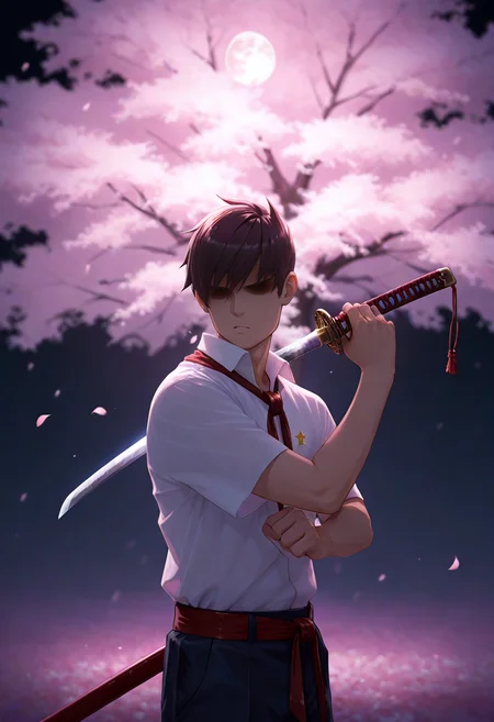 cinematic film still concept art masterpiece, best quality,
 <lora:sembl:1> psembl, 1boy, solo, male focus, brown hair, shirt, white shirt, faceless, necktie, short sleeves, hair over eyes, , shaded face,  closed mouth<lora:dark_v1.9-pony:0.9>atana, (detailed katana:1.2), sheath, drawing a katana, unsheathing a katana, (battoujutsu stance:1.1), dynamic pose, fighting stance, ready to draw, BREAK cherry blossom tree, cherry blossoms, blowing in the wind, windy, midnight, dark background, moon light, (soft lighting:1.1), stars, pastel colors,foreste<lora:NOOB_vp1_detailer_by_volnovik_v1:1> . digital artwork, illustrative, painterly, matte painting, highly detailed . shallow depth of field, vignette, highly detailed, high budget Hollywood movie, bokeh, cinemascope, moody, epic, gorgeous, film grain, grainy