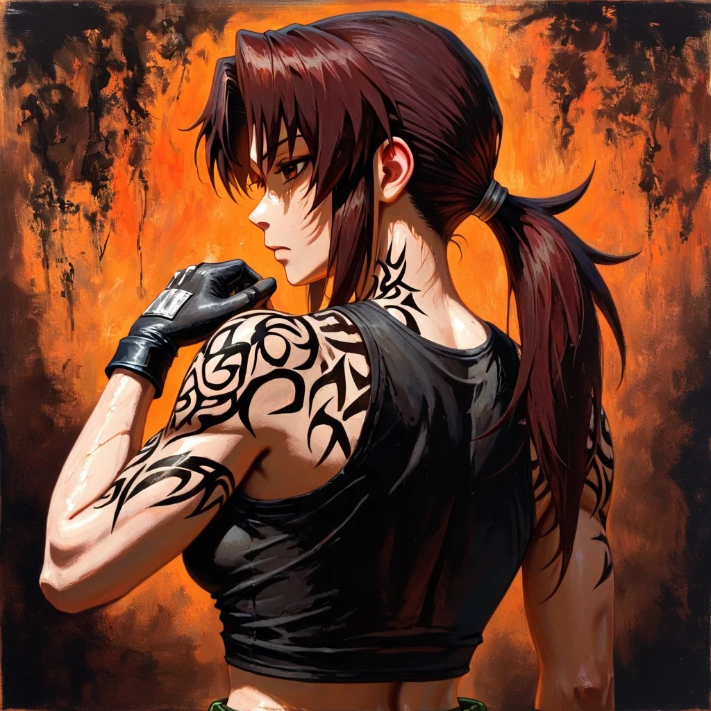 masterpiece, best quality, newest, absurdres, highres, GOTPV1.0, oil painting (medium), 
1girl, revy_(black_lagoon), ponytail, black gloves, black tank top, tank top, tattoo, tribal tattoo, shoulder tattoo, crop top, brown eyes, brown hair,