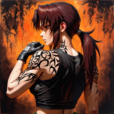 masterpiece, best quality, newest, absurdres, highres, GOTPV1.0, oil painting (medium), 
1girl, revy_(black_lagoon), ponytail, black gloves, black tank top, tank top, tattoo, tribal tattoo, shoulder tattoo, crop top, brown eyes, brown hair,
