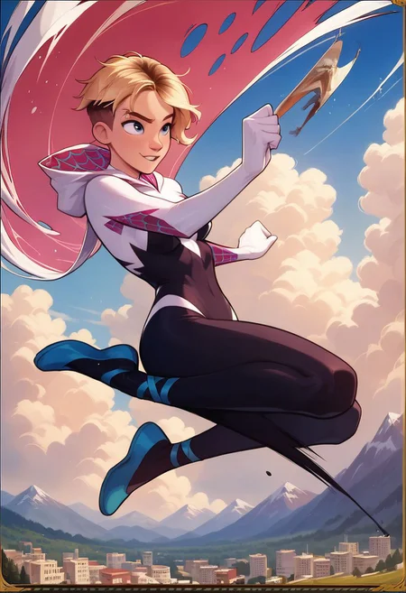 score_9, score_8_up, score_7_up, score_6_up, score_5_up, score_4_up, spider gwen, swinging though the air, diving, somersaulting, flipping,  no mask, incredibly sexy, source_official_art, painting, official art, movie still, 8k detail, masterpiece, nsfw