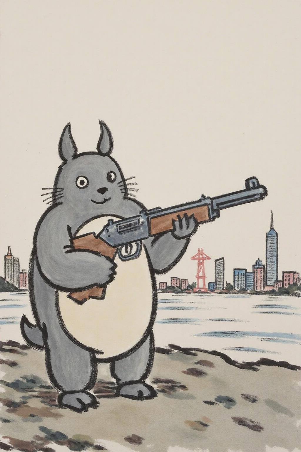fzk1 ink painting. Totoro as the Terminator, holding a shotgun, cyberpunk 2077 cityscapes <lora:fzk2_nocap_d6a3:1.0><lora:815027232188910506:0>