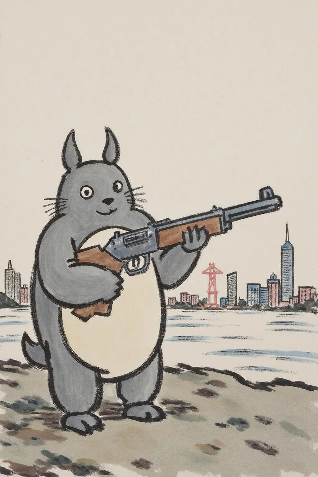 fzk1 ink painting. Totoro as the Terminator, holding a shotgun, cyberpunk 2077 cityscapes <lora:fzk2_nocap_d6a3:1.0><lora:815027232188910506:0>