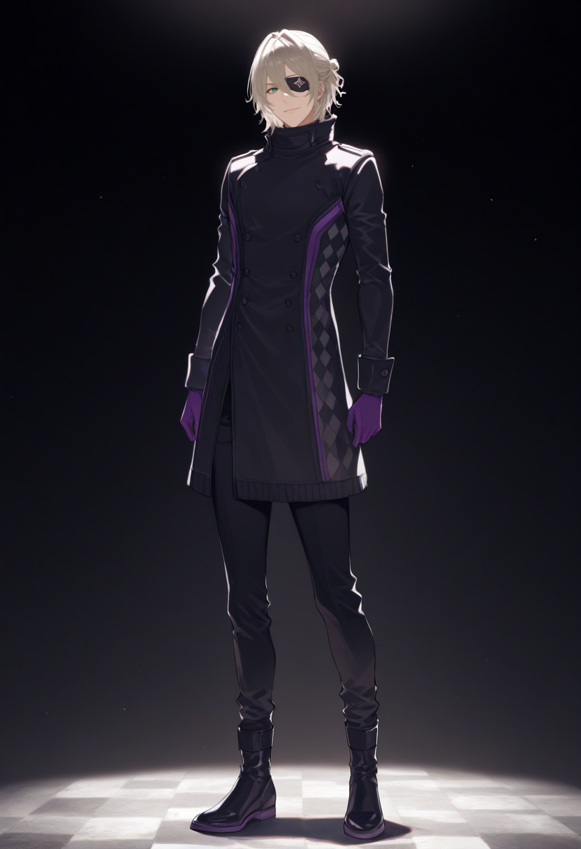 <lora:Kaname_Kuruto>,male focus,1boy,solo,date kaname,green eyes,eyepatch,gloves,purple gloves,standing,smile,black coat,black pants,closed mouth,looking at viewer,pants,black ankle boots,buttons,full body,masterpiece,high score,great score,absurdres,