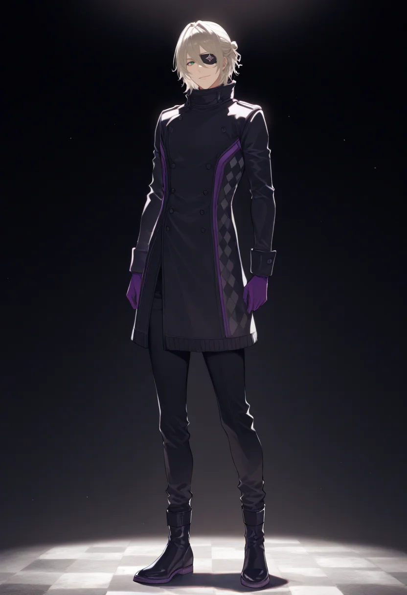 <lora:Kaname_Kuruto>,male focus,1boy,solo,date kaname,green eyes,eyepatch,gloves,purple gloves,standing,smile,black coat,black pants,closed mouth,looking at viewer,pants,black ankle boots,buttons,full body,masterpiece,high score,great score,absurdres,