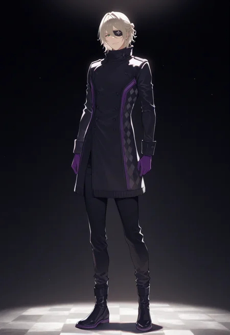 <lora:Kaname_Kuruto>,male focus,1boy,solo,date kaname,green eyes,eyepatch,gloves,purple gloves,standing,smile,black coat,black pants,closed mouth,looking at viewer,pants,black ankle boots,buttons,full body,masterpiece,high score,great score,absurdres,