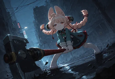 (1girl, solo), zhao_(zenless_zone_zero), very_long_hair, twin_braids, smug, :3, red_eyes, furry_female, (flat_chested), short_dress, animal_hands, digitigrade, night, dark, in an ruined city, fighting_stance, huge_weapon, holding_axe, two-handed, puddle on the ground, far shot, neon signs, weapon_focus, ((incoming_attack, attack_trail)), hammersmash, realism, realistic,
backlighting, dramatic_lighting, ((three_quarter_view)), from_above, foreshortening, perspective, depth_of_field, dim_lighting, epic, cinematic, RTX, bloom, perfection, perfect, detailed, tianliang_duohe_fangdongye, light_particles, incredibly absurdres, highres, masterpiece, newest, best quality, amazing quality, very aesthetic,