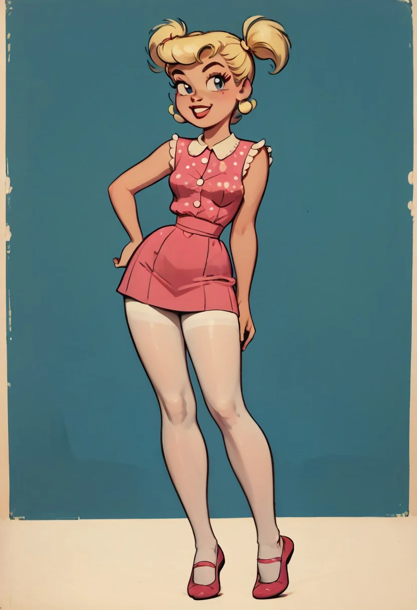 score_9, score_8_up, score_7_up, score_6_up, <lora:Retro_60s_Decarlo_PDXL:0.8> decarloxl, retro colors, 60s,, DeeDeeDL, 1girl, blonde pigtails, blue eyes, sleeveless pink dress, white tights, pink ballet shoes, <lora:DeeDeeDL:1>