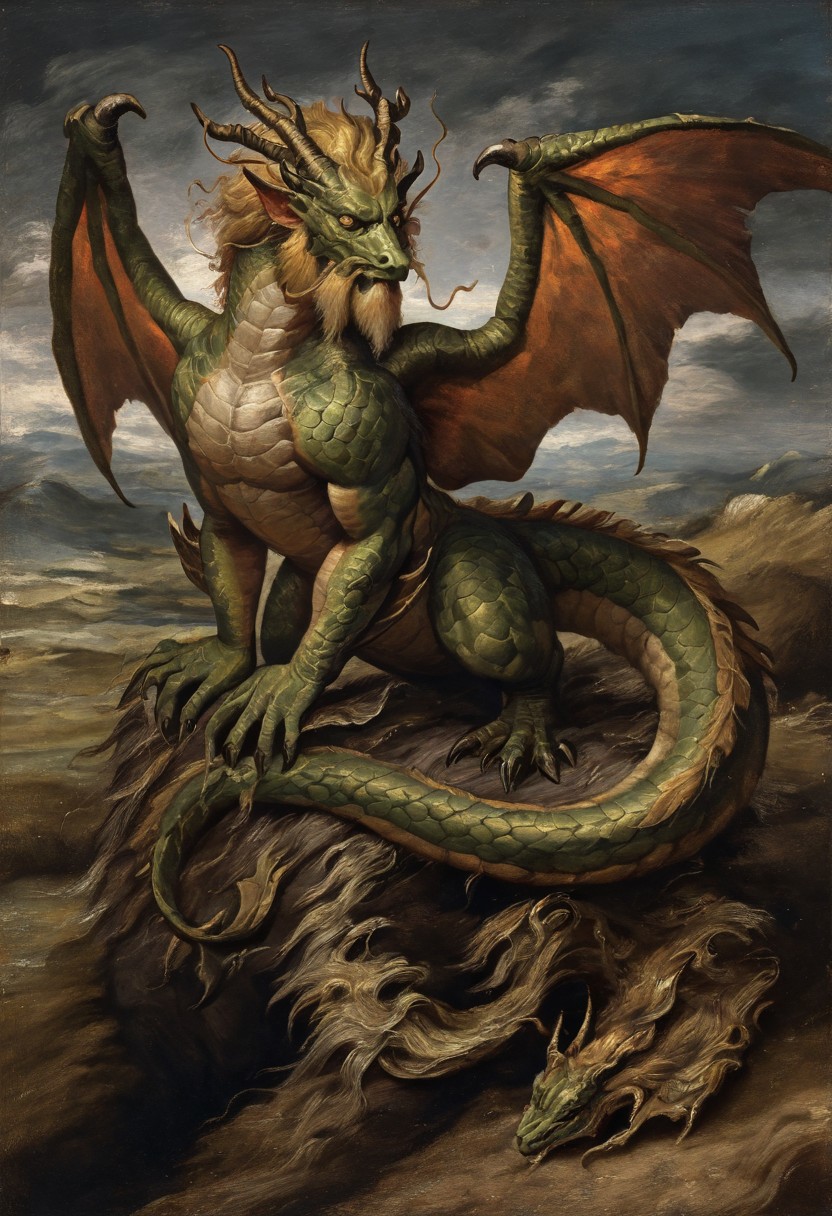 masterpiece, best quality, newest, absurdres, highres, 
ROPV1.0, fine art, fine art. parody, oil painting, traditional media,
monster, no humans, dragon, wings, tail, wings, dragon wings, dragon horns, horns, multiple horns, green scales, yellow eyes, beard, facial hair, yellow hair,