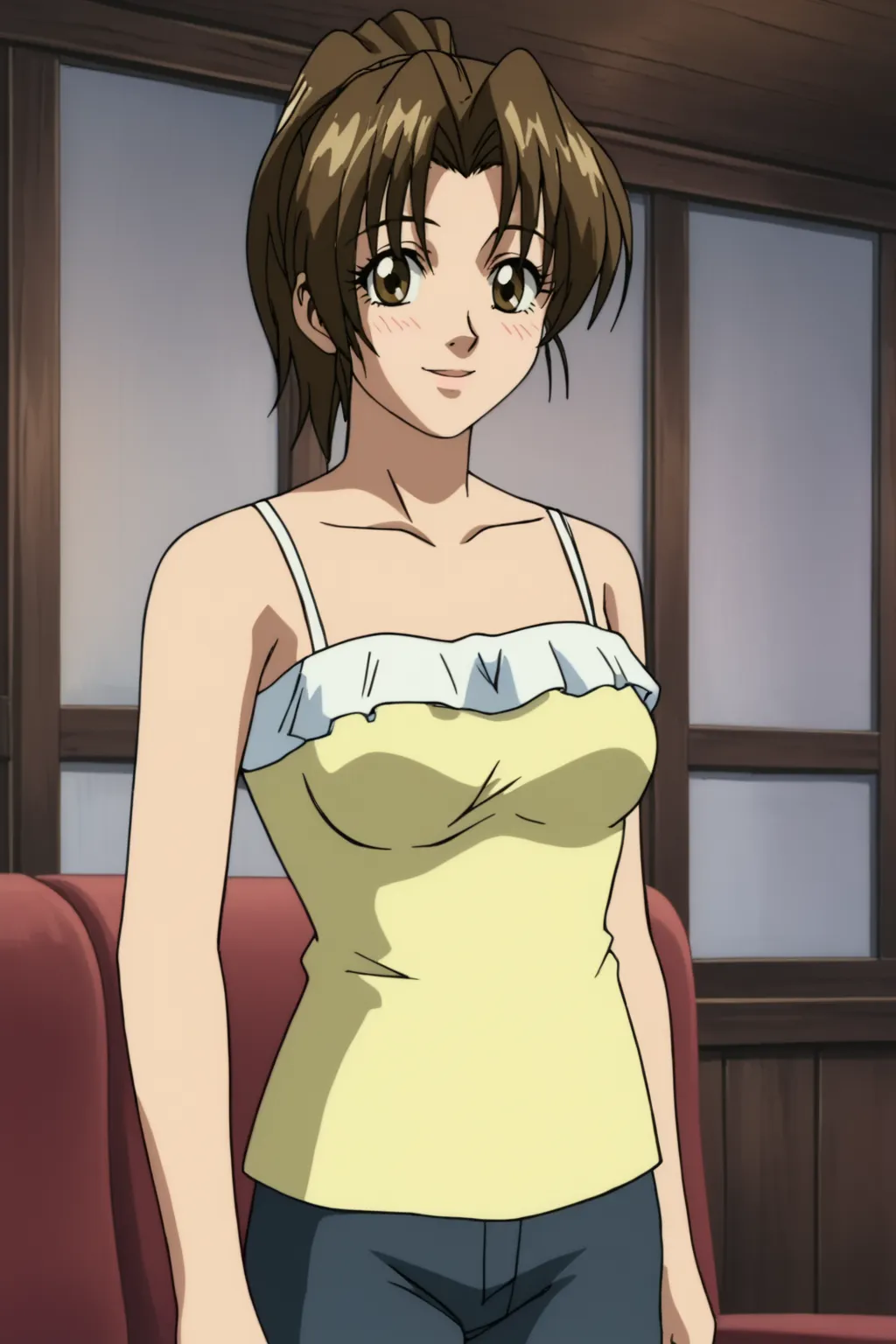 score_9, best, masterpiece, uncensored,
indoors,
1girl, solo, 1990s (style), retro artstyle, official style, smile,
ShinjinTourConductorPonytailGirl, yellow camisole with white upper frills, black pants,
<lora:ShinjinTourConductorPonytailGirl:0.8>​​​