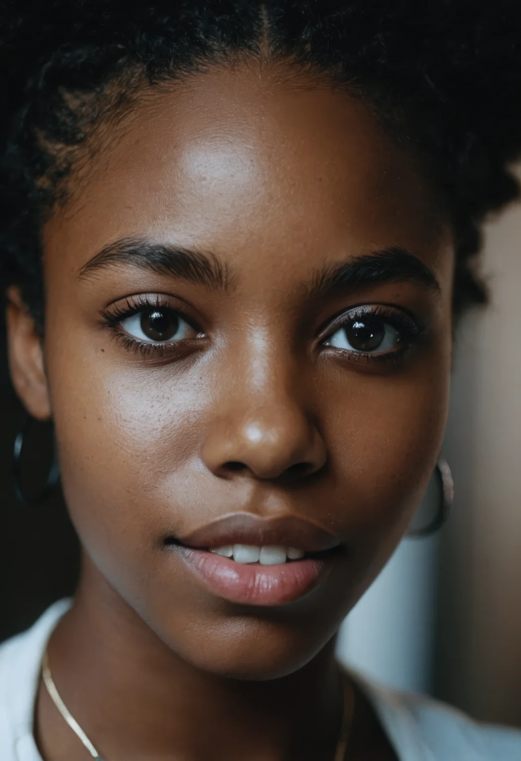 RAW cinematic portrait, 21 year old black woman, (hyper detailed facial texture:1.3), slight smile, captured in a private study with dark wood and soft ambient light, film-style image, kodak portra 400, nikon d850, camera lens f1.6, high realism, close-up focus, lifelike mood, (cinematic grain:1.2), analog look