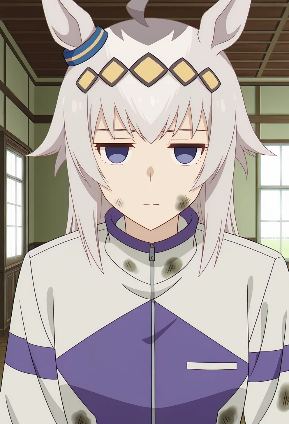 <lora:Oguri Cap_illustrious-000028:1>,
oguri cap \(umamusume\),horse ears,solo,ahoge,dirty,jacket,scene reference,indoors,looking at viewer,upper body,dirty clothes,jitome,parody,closed mouth,expressionless,multicolored hair,long sleeves,blank stare,dirty face,empty eyes,sidelocks,
1girl