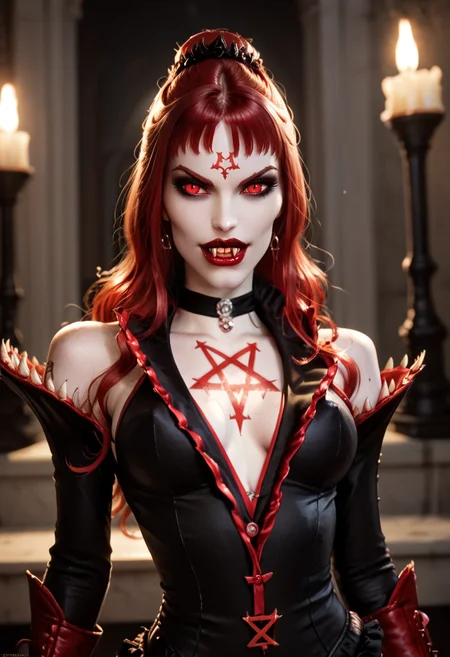 score_9, score_8_up, score_7_up, score_6_up, score_5_up, waist shot,Elizabeth Bathory a vampire a woman, pentagram tattoo, wearing a (renaissance black dress), red color eyes, unnatural very pale skin, red pulpous lips, vampire fangs, dynamic lighting, dynamic angle, good contrast lighting,
<lora:Elizabeth_Bathory:0.75>