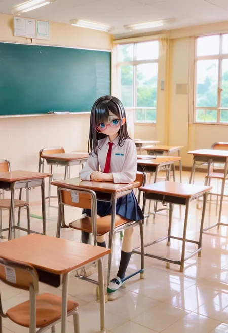 score_9, score_8_up, score_7_up, rating_safe, masterpiece, best quality, absurdres, unity 8k wallpaper, official art, official style, source_anime, uncensored, game cg, megami magazine,
1girl, solo, glasses, black hair, long hair, blue eyes, collared shirt, red necktie, pleated skirt, blue skirt, looking at viewer, blush, embarrassed,
kyoshitsu, classroom, chalkboard, indoors, scenery, school, school desk, school chair, ceiling, window, ceiling light, tiles, sunlight, tile floor, speaker,
<lora:gakkou_kyoshitsu_PONY_V1:1>