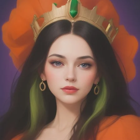 Portrait of a beautiful Queen.
Orange, red, green,  purple colors only.