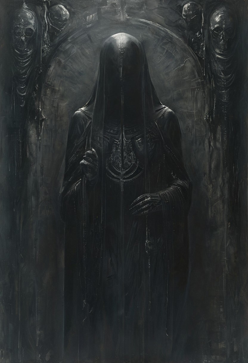 Picture of a woman. 27. She's Albanian and her name is Elfira.
Wearing a black ceremonial robe. Kind smile. Dark forest. Moonlit.
style of H. R. Giger, partially covered in shadow
