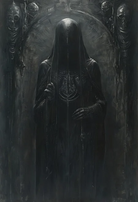 Picture of a woman. 27. She's Albanian and her name is Elfira.
Wearing a black ceremonial robe. Kind smile. Dark forest. Moonlit.
style of H. R. Giger, partially covered in shadow