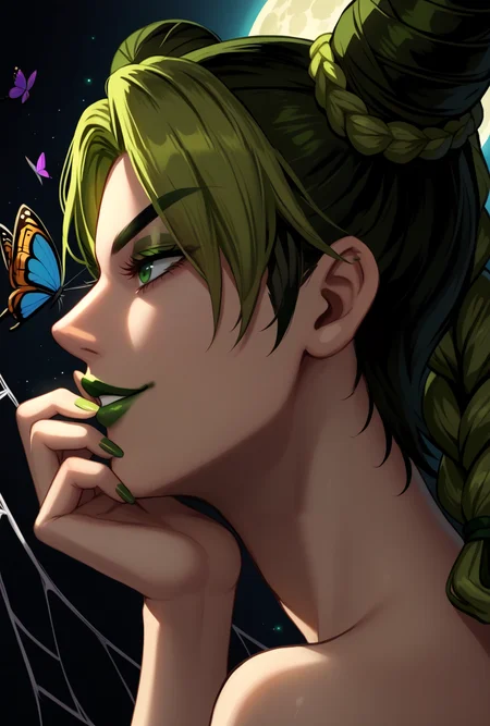 score_9, score_8_up, source_anime BREAK solo, close-up, face, extreme close-up,
<lora:JolynePdxlDwnsty:1>, kjolyne, green eyes, two-tone hair, green hair, black hair, double bun, braided bun, braided ponytail, green lips, lipstick, make up, green nails, nail polish, tattoo, butterfly, spider web print,
smirk, head back, arm behind back, hand on own face, from side, profile,
abstract background, spider web, spiral, light particles, dust, sunbeam, cinematic lightning, aura, moon,
<lora:nai3_check2:0.8>
