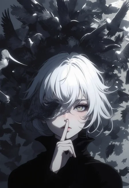 An Acrylic style painting that is expressive, gives it a dynamic and emotional quality. Anime art of a stylized portrait of a woman with a ethereal black and gray mist surrounding her body. The mist creates a dramatic and surreal effect. A pigeon's wing, which flies, covers one of the eyes, the front of the face. The woman has a cold aesthetic, complimented by her white hair. Anime art of woman draped in shadows with a lighting that enhances her unique features.
The background is dark gray, filled with a pigeon swarm flying.
Holding finger to lips, shush, shushing motion,