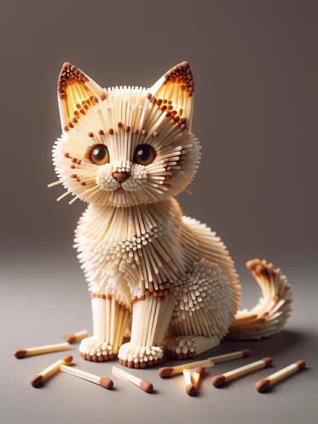 A small, adorable ais-matches kitten sitting playfully, crafted entirely of ais-matches, with attention to fur texture and expression <lora:Matches_Style_SDXL:1>
