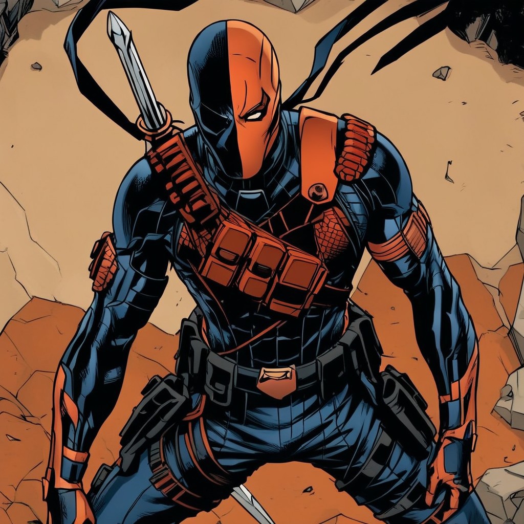 deathstroke, deathstroke dc, half orange half black mask, one eye, even split, 1boy, combat costume, sword