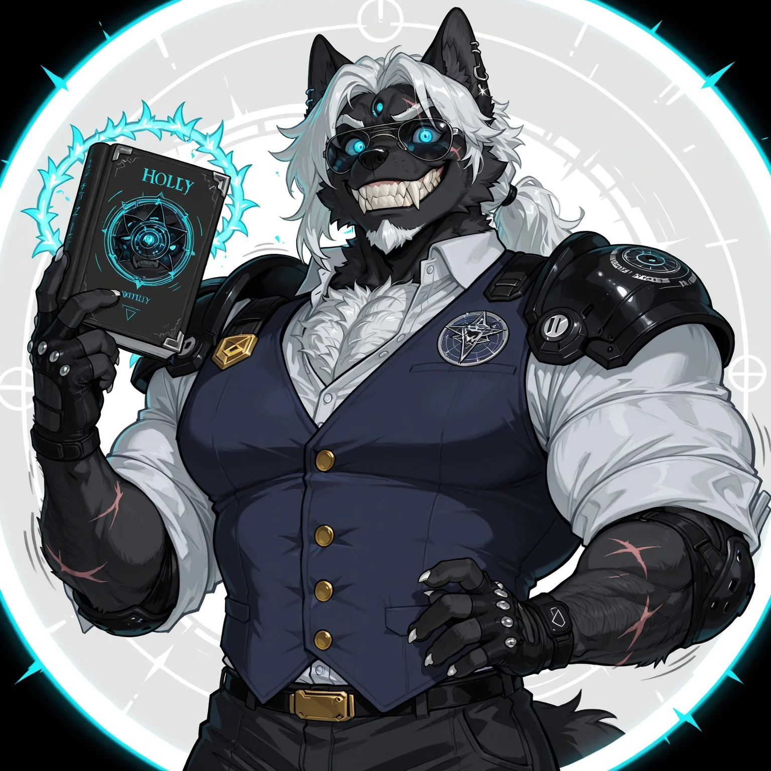 detailed, perfect anatomy, masterpiece, high quality, best quality, highres, aesthetic, newest, 2024, 2023, 2022, (w0lfc0nf:1.2), (1boy, solo male, male focus), (anthro male, anthro wolf, furry, canid, canine), ((wearing a dark blue vest, gold buttons, white dress shirt, black pants, rolled sleeves, black fingerless gloves, black pauldrons, black elbow pads, silver piercings, black aviator sunglasses)), silver colors, (black fur), black body, extremely sharp teeth, big fangs, protruding fangs, black nose, white claws, ((5fingers)), (white hair, medium hair, ponytail, wavy hair, sideburns, thick beard, white eyebrows, very hairy, very thick chest hair), (4eyes, extra eyes), blue eyes, glowing eyes, eyes visible through glasses, (muscular male, Hyper Heavyweight Muscles, broad shoulders, strongman waist, bara, plump), (mature male, wrinkled face, masculine face), (three quarter angle, cowboy shot), ((scars)), (happy expression, furrowed brows, grinning, toothy grin, crazy smile, intimidating, holding Bible, motion lines), ((holy magic, glowing thorns)), (cyberpunk, futuristic), (((pfp circle, circle, upper body, bust shot)))