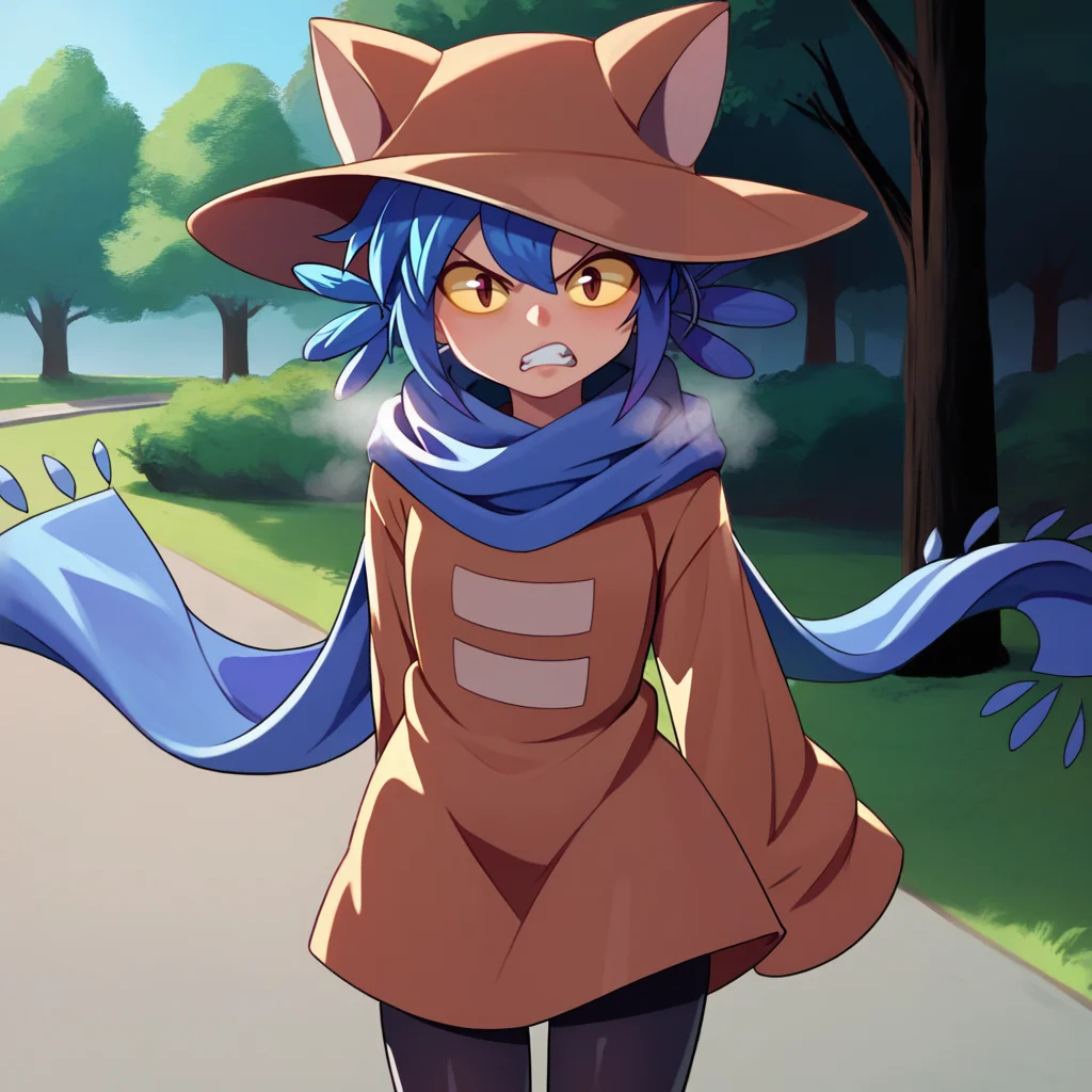 1girl,solo,cniko,blue hair,short hair,hair between eyes,whiskers,cat hat,yellow sclera,brown eyes,slit pupils,blue scarf,brown dress,long sleeves,sleeves past fingers,sleeves past wrists,black legwear,<lora:last:1>,
outdoors,park,<lora:bousou_pony_v0.5a:1>,bousou,angry,rampage,blue theme,steaming body,clenched teeth,silhouette,floating hair,, score_9, score_8_up, score_7_up, perfect anatomy, source_anime, zPDXL2,