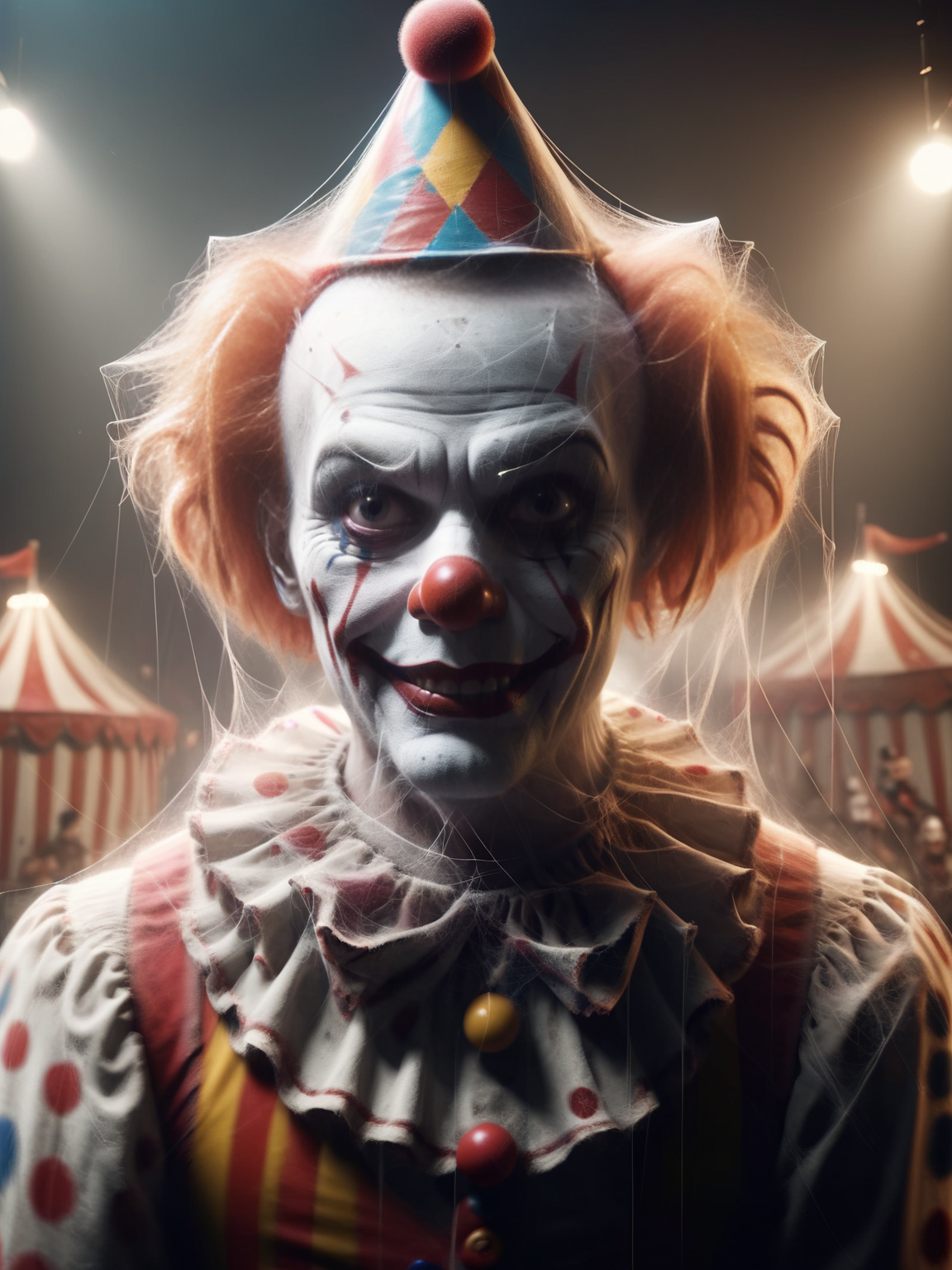 A sinister ais-webz clown, in a circus, blurred background, eerie vibe, <lora:Cobweb_Style_SDXL:1>