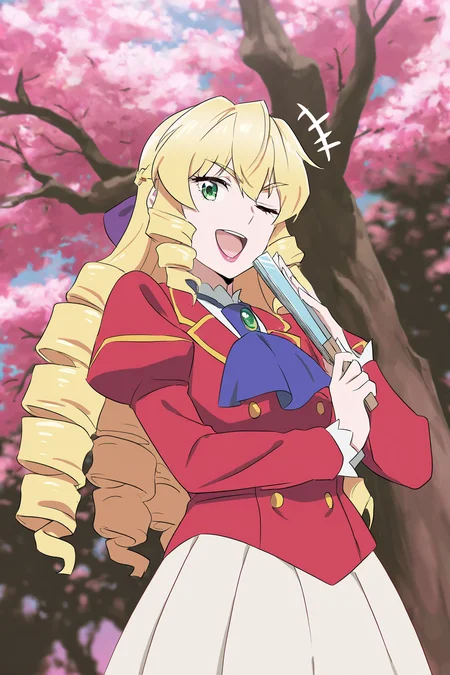 masterpiece, best quality,  absurdres, highres, cinematic light, 1girl,  <lora:grace_auverne:1> grace_wz, blonde hair, long hair, drill hair, drill sidelocks, hair bow, purple bow, lipstick, green eyes, school uniform, red blazer, long skirt, white skirt,  pleated skirt,  blue ascot, puffy sleeves, ringlets, long sleeves, formal clothes, standing, looking at viewer, smile, hand fan, folding fan, holding fan, outdoors, tree, ojou-sama pose, open mouth, from below, one eye closed, +++,