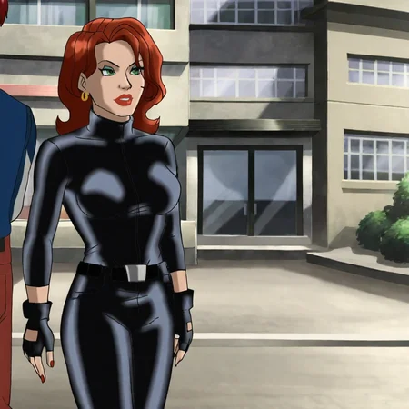 <lora:blackwidowultimateavengers_pony_v1:.7> blackwidowultimateavengers, 1girl, green eyes, jewelry, earrings, red hair, belt, lipstick, medium breasts, makeup, red lips, bodysuit, pants, turtleneck