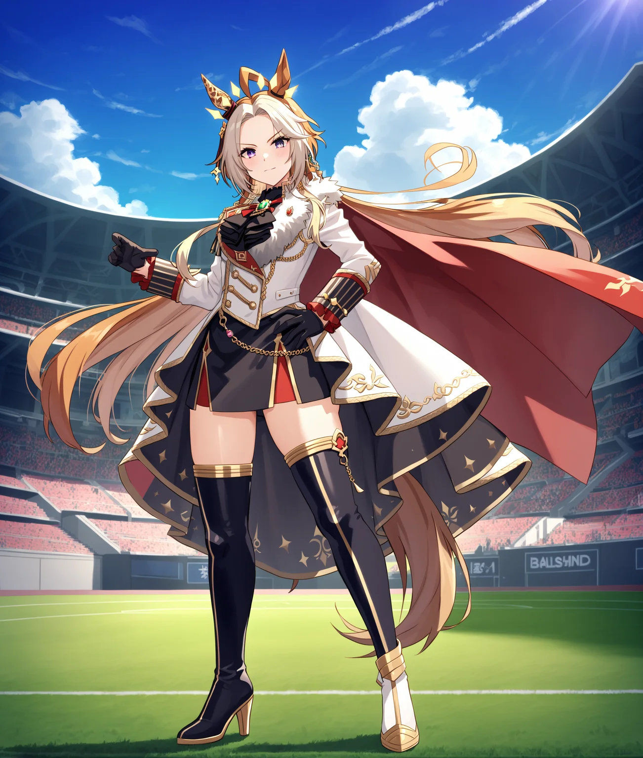 score_9, score_8_up, score_7_up BREAK
(grassland, race:1.3),
shobufuku, 1girl, solo, breasts, looking at viewer, blush, thighhighs, gloves, long sleeves, animal ears, closed mouth, standing, purple eyes, tail, full body, white hair, multicolored hair, boots, black gloves, black thighhighs, (white footwear), black footwear, high heels, hand on hip, thigh boots, horse ears, horse girl, horse tail, high heel boots, epaulettes, aiguillette, ear ornament, (mismatch foot wear, asymmetrical footwear), red cape, (tall nine headed body:1.2),
<lora:orfevre-ponyXL-000006:0.75>,